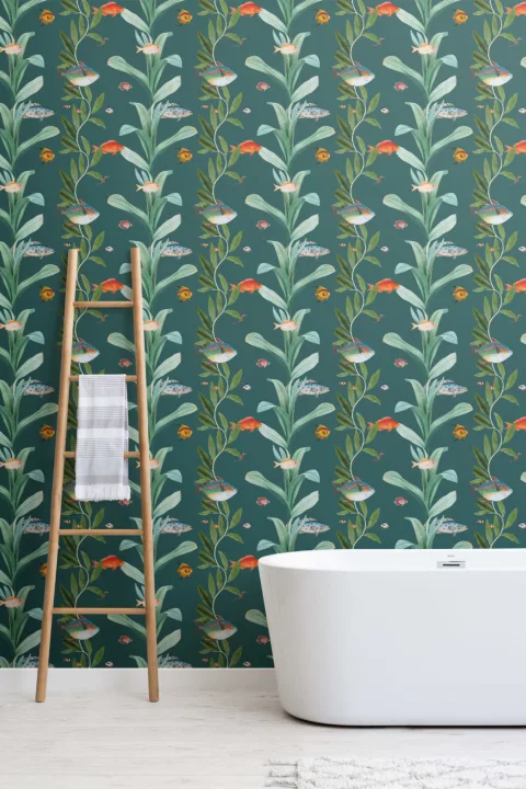 Teal Fish & Seaweed Coastal Wallpaper