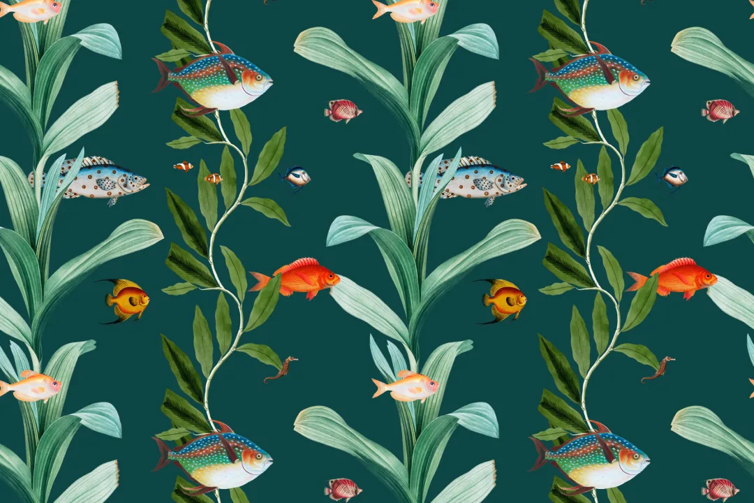 Teal Fish & Seaweed Coastal Wallpaper