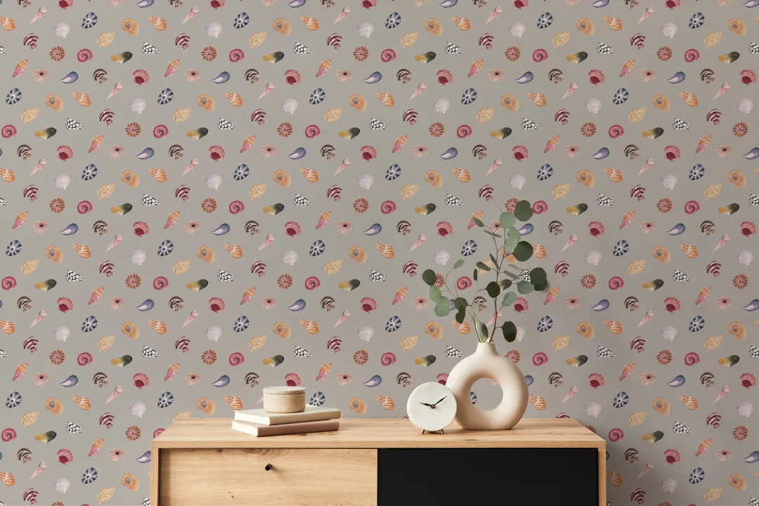 Murales de papel pintado modernos de estilo costero con estampado de conchas grises