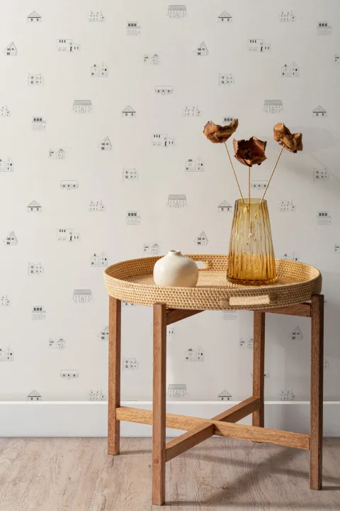 Papel Pintado Casas Ilustradas y Pequeñas en Tonos Neutros