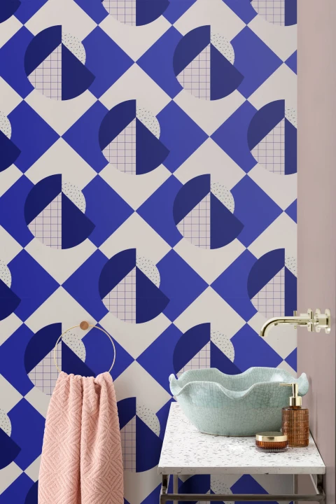 Memphis Blue & Pink Geometric Repeat Pattern Wallpaper