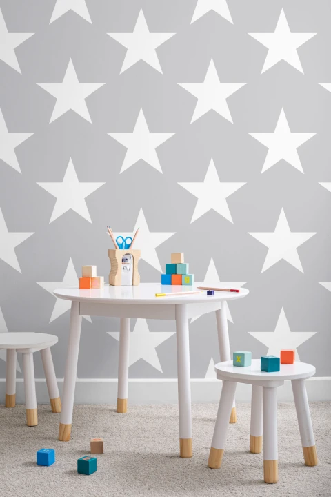 Papel Pintado Gris con Motivos de Estrellas Grandes Blancas
