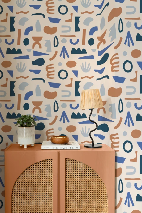 Blue & Neutral Abstract Shapes Repeat Pattern Wallpaper