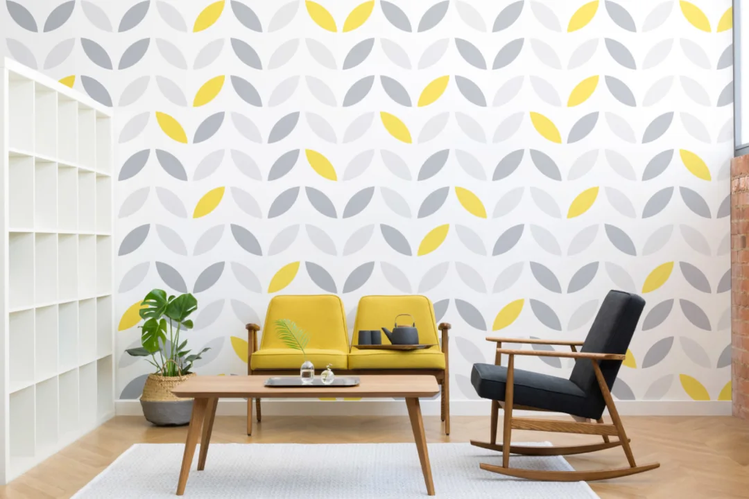 Yellow & Gray Abstract Flower Pattern Wallpaper Mural