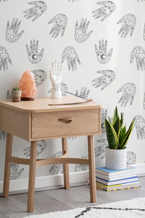 Black & White Cosmic Symbols Hands Repeat Pattern Wallpaper