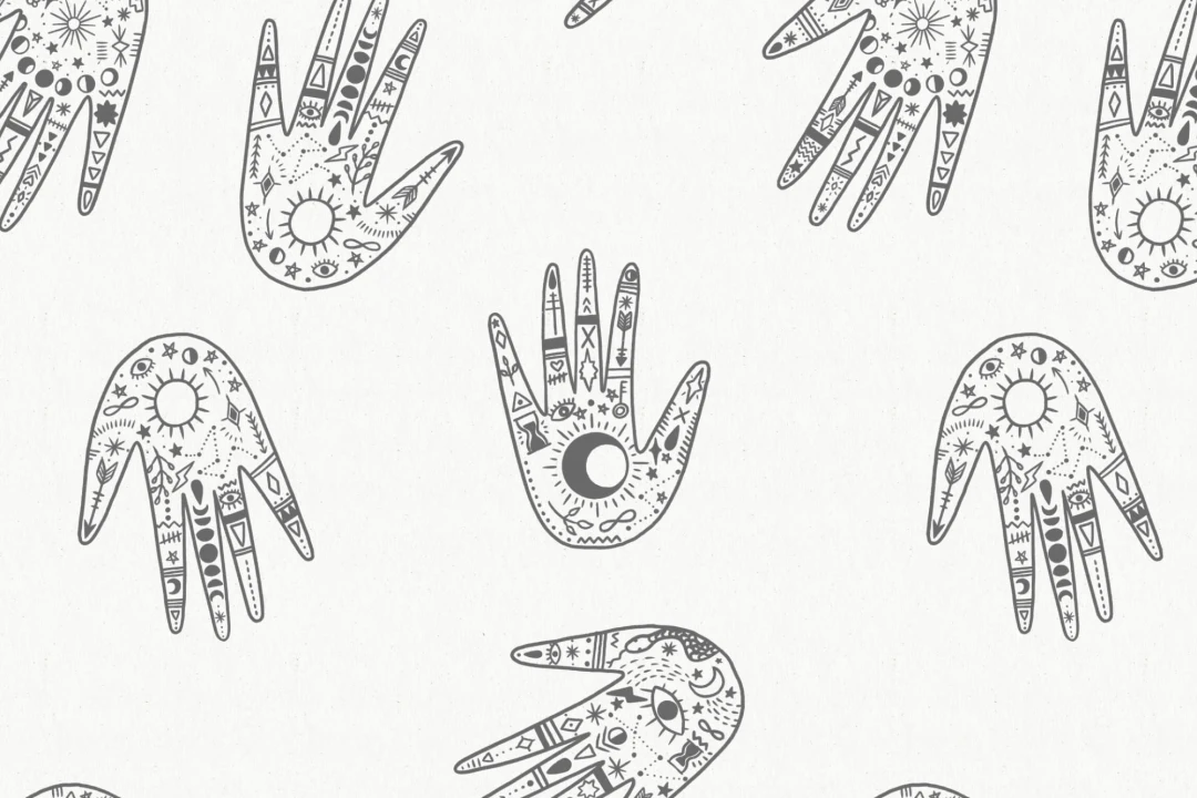 Black & White Cosmic Symbols Hands Repeat Pattern Wallpaper