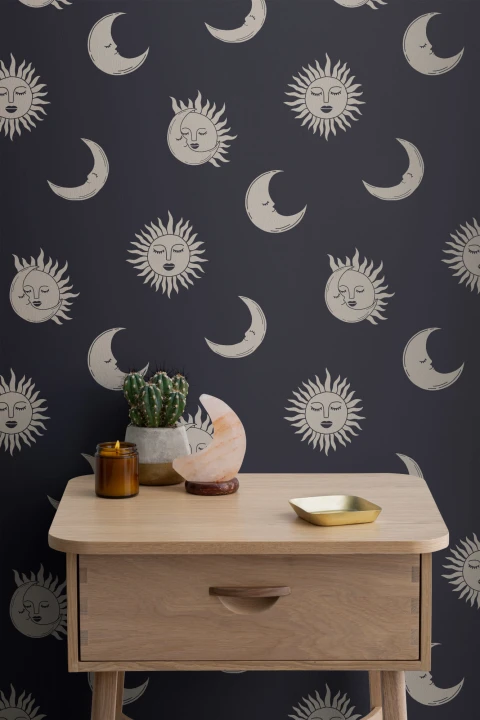 Sun and Moon Navy Blue Boho Repeat Pattern Wallpaper