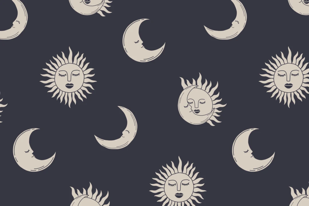 Sun and Moon Navy Blue Boho Repeat Pattern Wallpaper