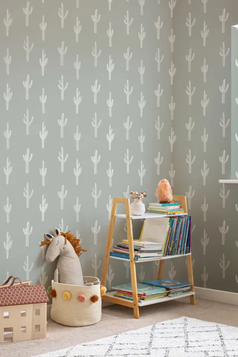 Sage Green Cactus Boho Repeat Pattern Wallpaper
