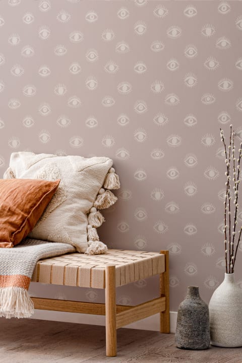 Papel Pintado Beige y Rosa con Estampado de Ilustraciones en Formas de Ojos
