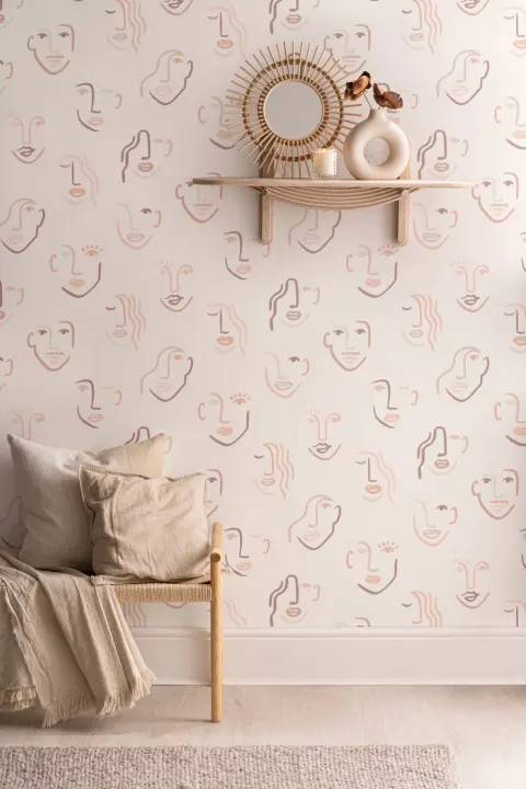 Abstract Faces Neutral Boho Repeat Pattern Wallpaper