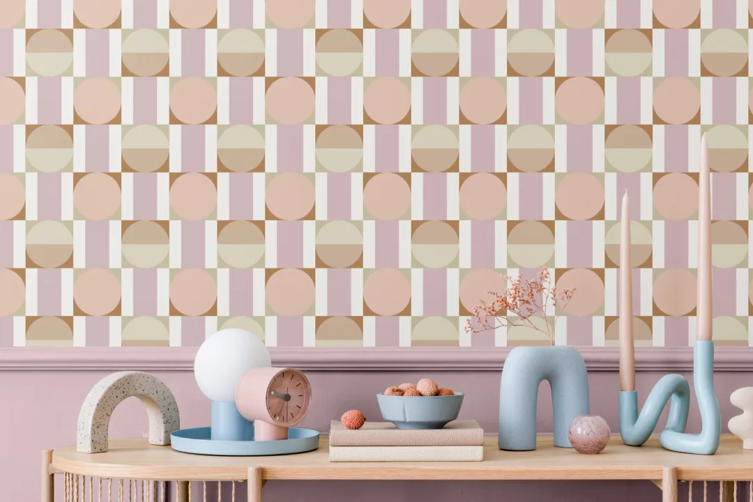 Papel Pintado con Formas Geométricas en Rosa y Naranja Pastel
