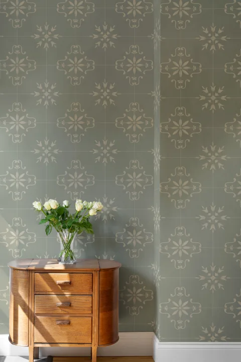 Carta da parati decorativa con motivo azulejo verde scuro, effetto piastrella