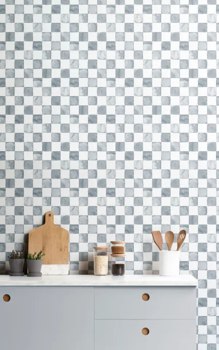 Papel Pintado Damero Blanco y Azul