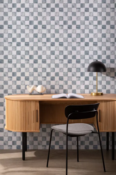 Papel Pintado Damero Blanco y Azul