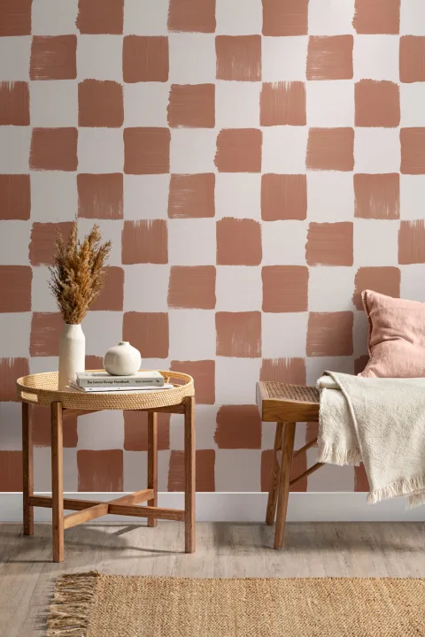 Burnt Orange Hand Painted Checkered Wallpaper