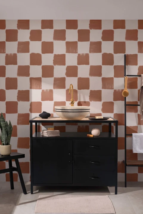 Burnt Orange Hand Painted Checkered Wallpaper