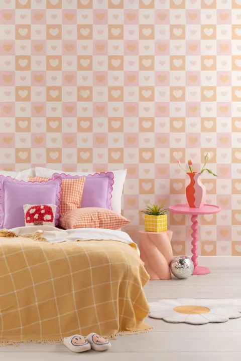Orange Check & Heart Print Wallpaper