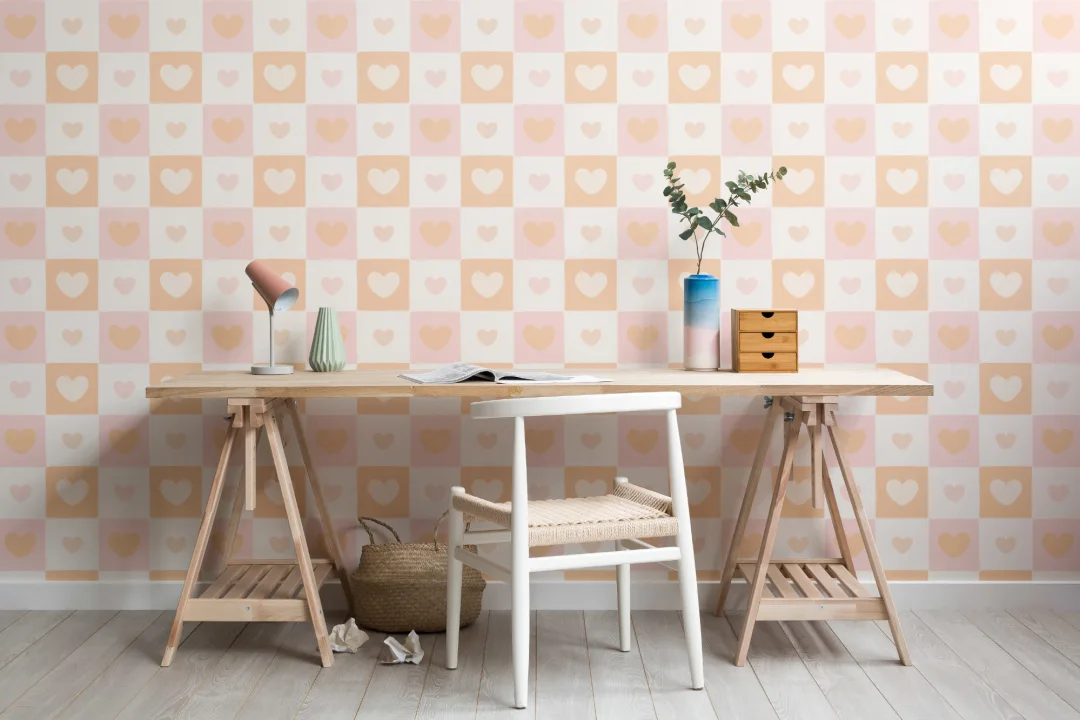 Papel pintado corazones en cuadros naranja