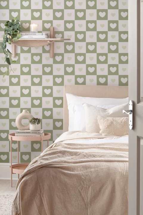 Green Check & Heart Print Wallpaper