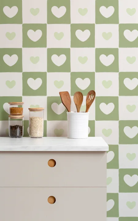 Green Check & Heart Print Wallpaper
