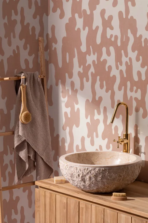 Coral Japanese Wood Block Print Style Wallpaper