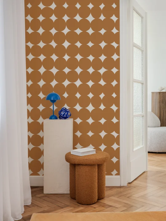 Mural de papel pintado con estampado geométrico retro en naranja