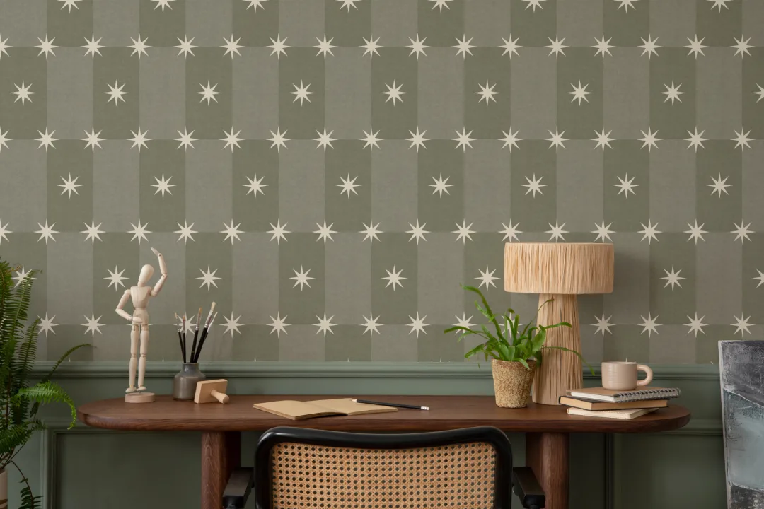 Mural contemporáneo con estampado geométrico de estrellas en verde Sterling