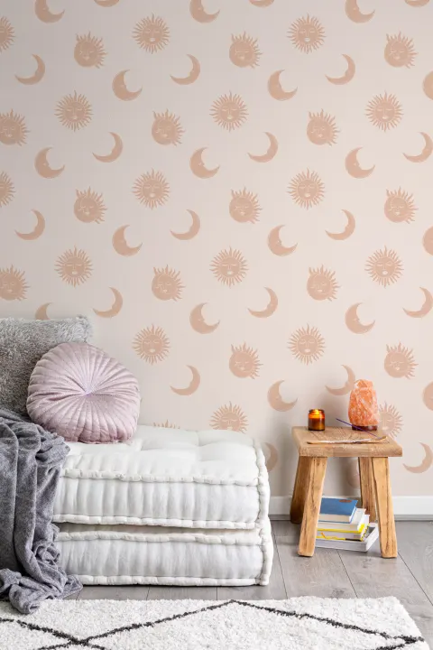 Pink sol og måne Boho tapet