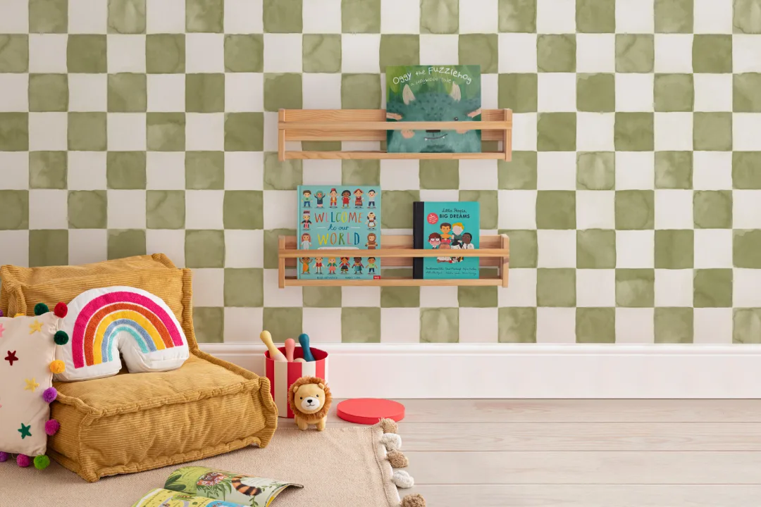 Green Watercolor Checkered Tile Mural
