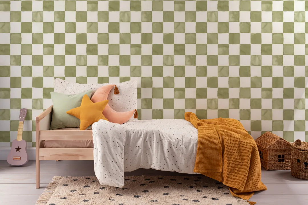 Green Watercolor Checkered Tile Mural