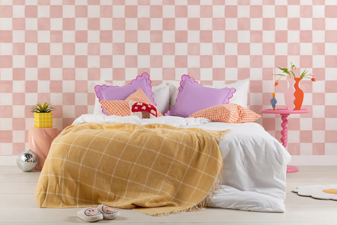 Pink Watercolor Checkered Tile Mural