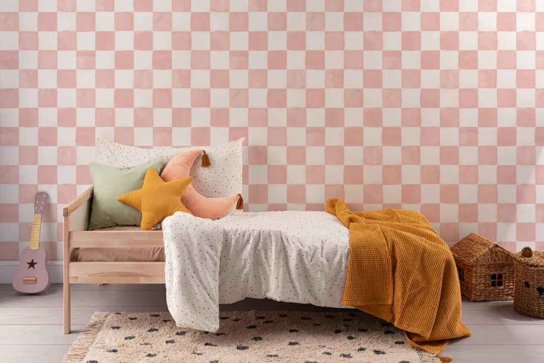 Pink Watercolor Checkered Tile Mural