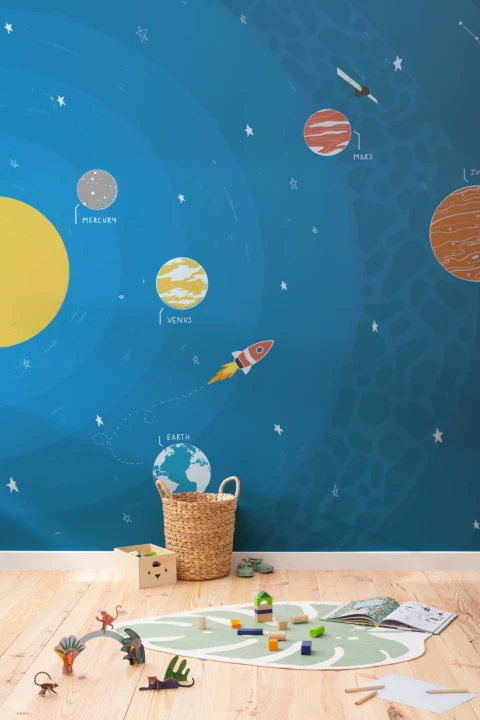 Fototapete Weltraum Planeten und Raketen Didaktisch Blau