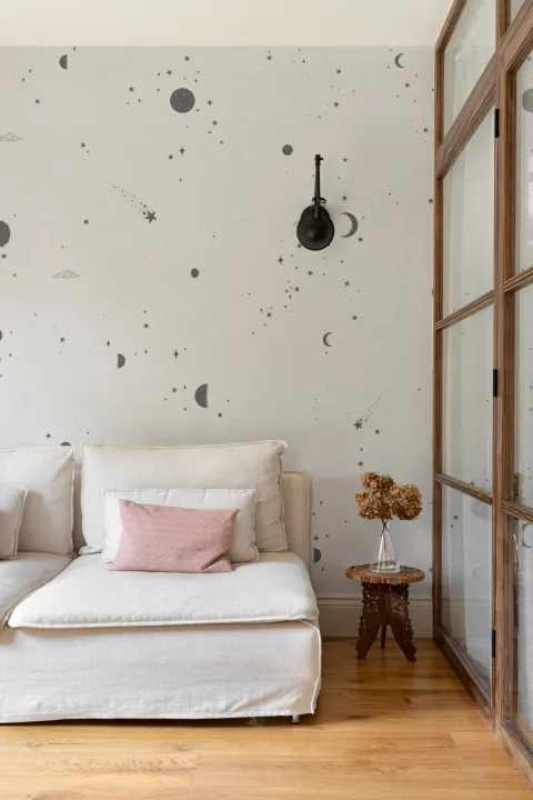 Mural Papel Pintado Blanco y Negro con Estrellas y Luna