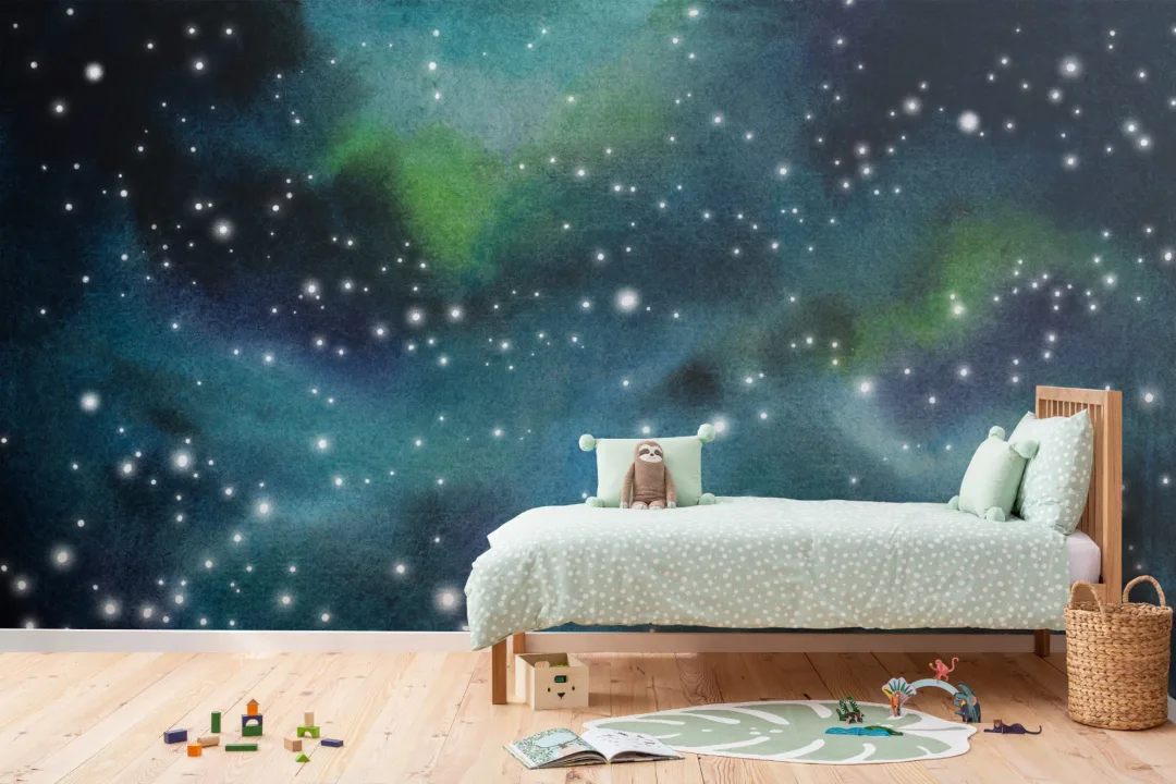 Mural galaxia en azul oscuro