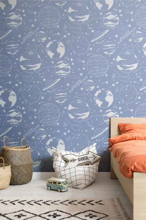 Blue Planets & Stars Illustrated Pattern Wallpaper Mural