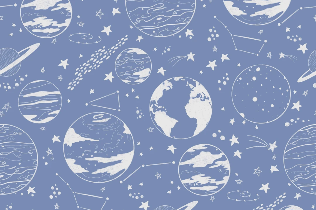 Blue Planets & Stars Illustrated Pattern Wallpaper Mural