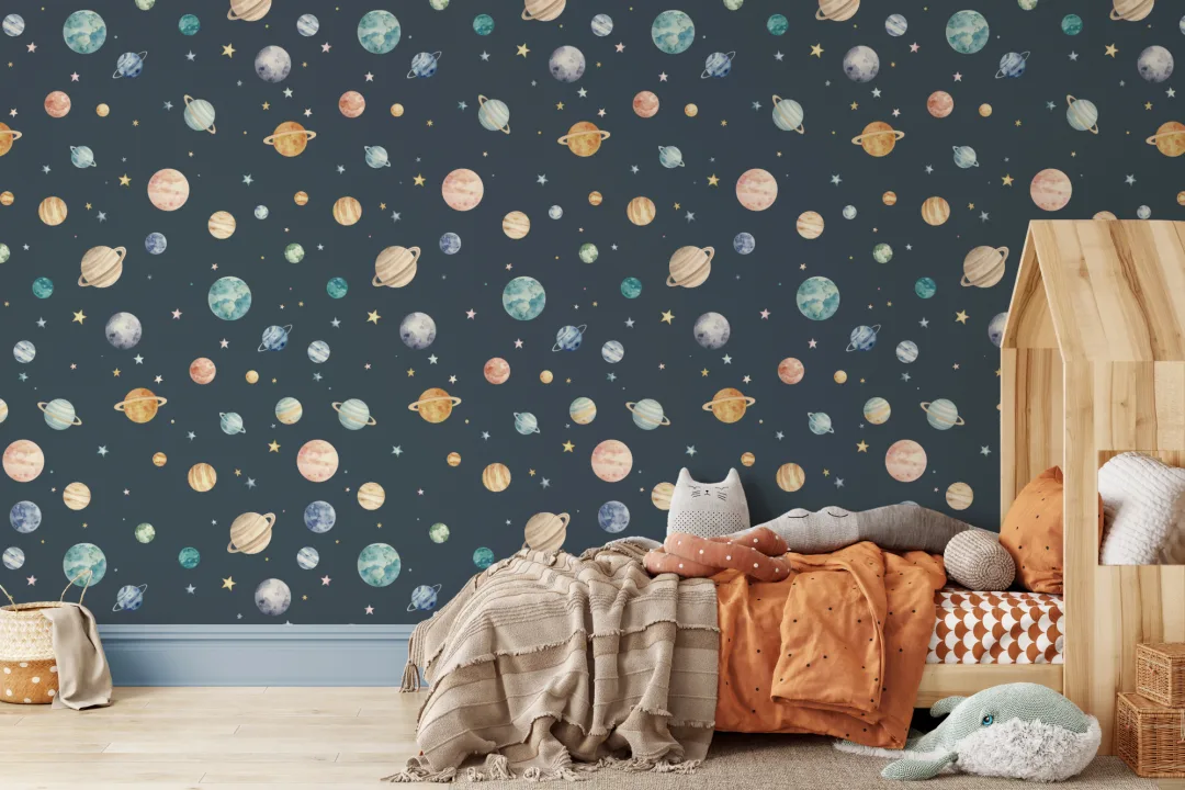 Mural de pared infantil Cosmos planetario de aventuras multicolor