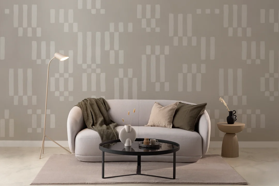 Handmålad blockgeometrisk mural-tapeter i beige