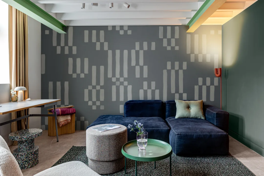 Hand Painted Block Geometric Mural in Muted Blue