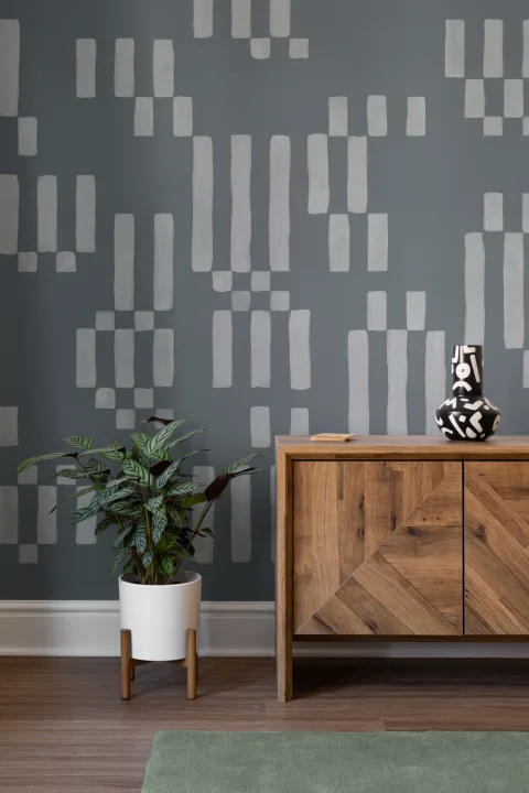 Mural geométrico de papel pintado a mano en azul apagado
