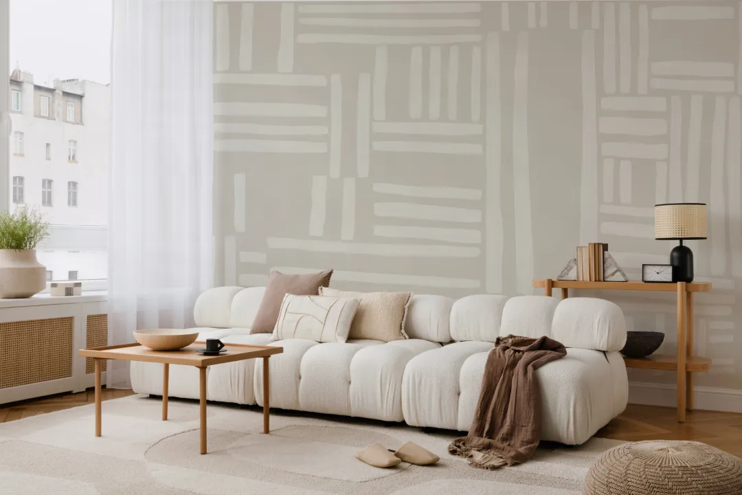 Hand-Painted Geometric Grid Stripe Mural in Beige