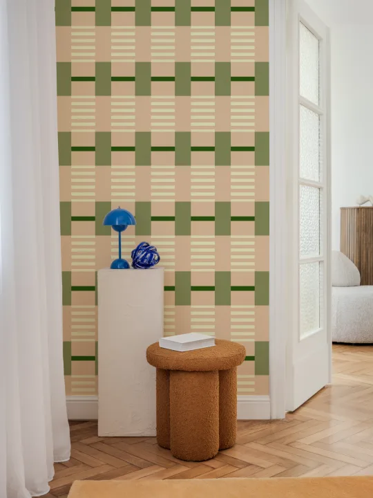 Papier peint panoramique contemporain à damier rose et vert