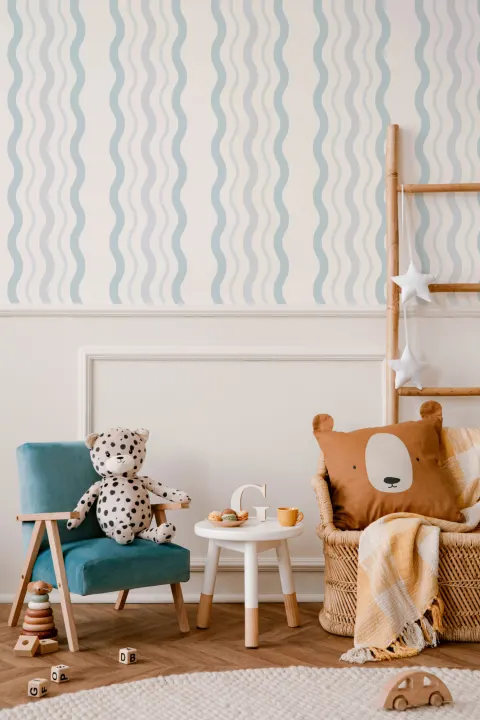 Blue Wavy Ric Rac Striped Wallpaper