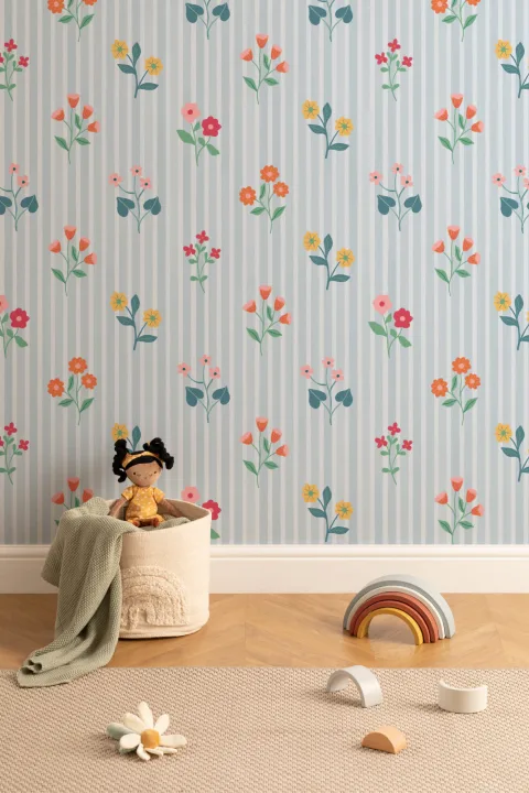 Pastel Floral Bunches Blue Striped Wallpaper