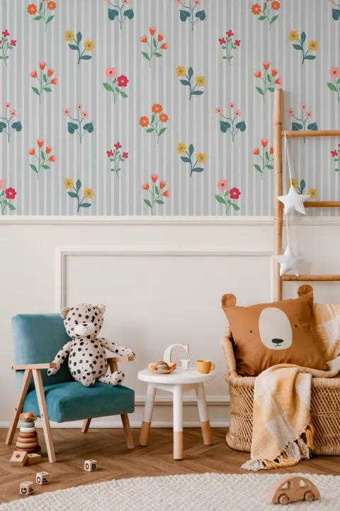 Pastel Floral Bunches Blue Striped Wallpaper