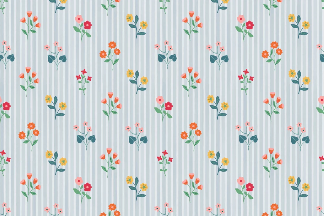 Pastel Floral Bunches Blue Striped Wallpaper