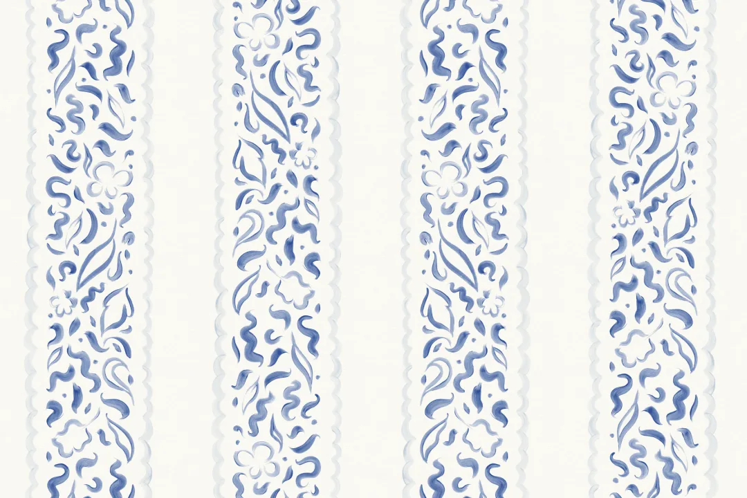 Papel pintado de rayas con hojas abstractas azules