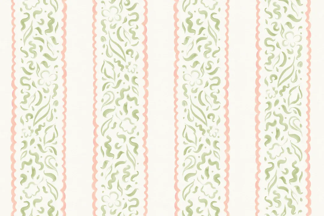 Green & Pink Abstract Leaves Striped Mural